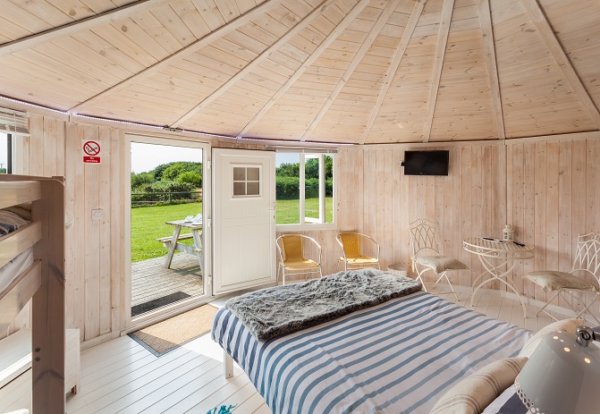 Bedroom to garden view, Coastal Cabins, Hartland